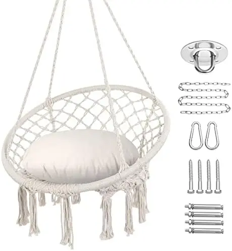 

Chair Macrame Swing Chair, Max 330 Lbs, Hanging Chair Cotton Rope Hammock Chair Swing for Indoor and Outdoor Use, White