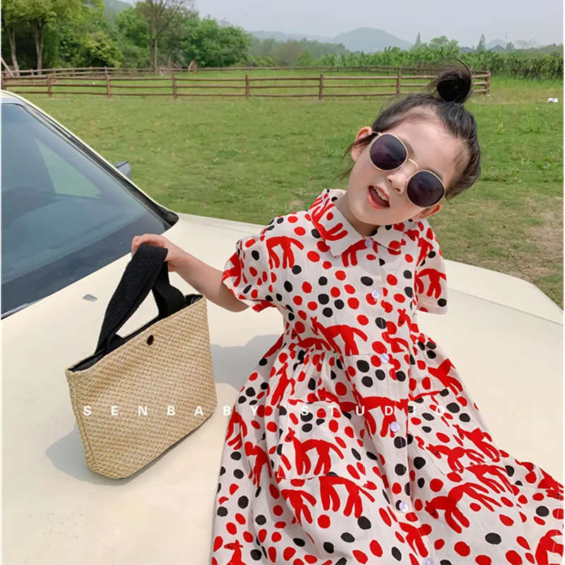 

Summer 2022 New Arrivals Girls Short Sleeve Single Breasted Dot Red Cute Designer Elegant Evening Party Girl Dresses 18M-7T