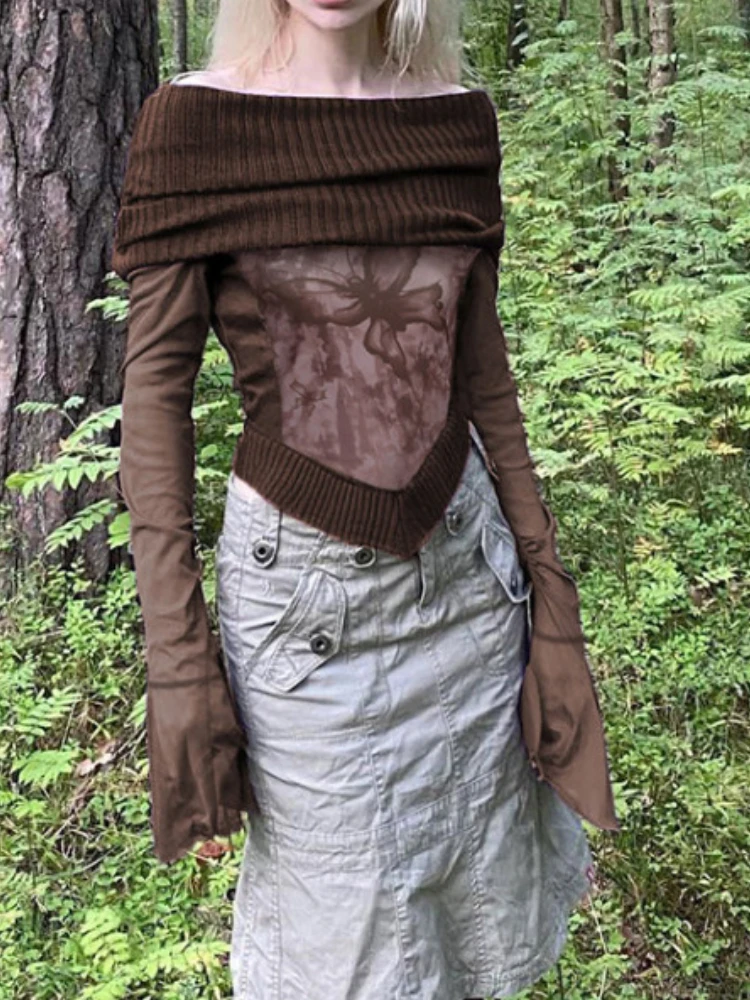 

2024 New Retro Dark Goblincore Fairy Grunge Y2k Sexy T-shirt Gothic Slash Neck Women Crop Top Ribbed Patchwork Flare Sleeve Tees
