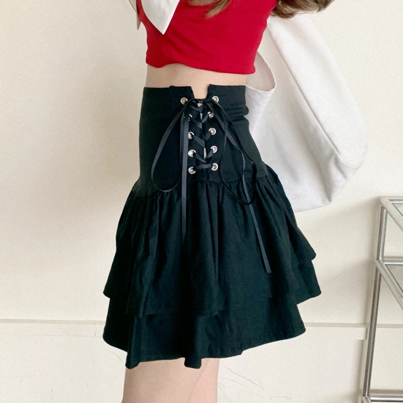 

Spring Summer New High Waist Bandage Design Small Puffy Skirt Korean Sexy Black A-line Skirt Japanese Fashion Skirt for Female