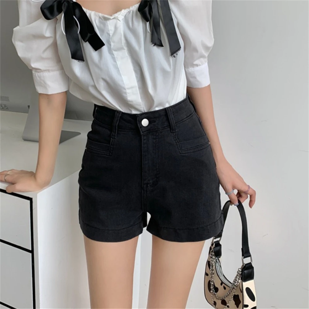 2023 New Spring/Summer Women's A-line Jeans Small Slim Tall Waist Straight Black Shorts