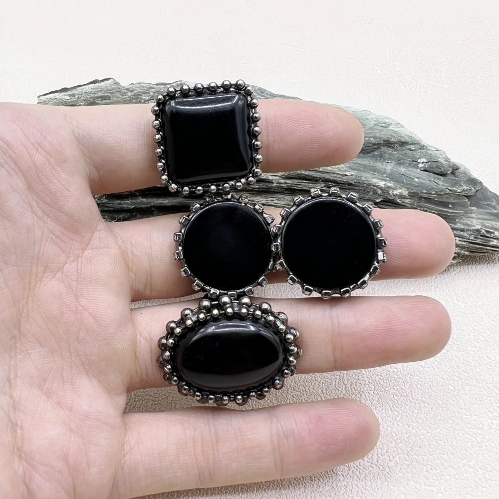 

10PCS Antique BOHO Jewelry Natural Black Obsidian Stone Vintage Adjustable Open Rings For Men Women