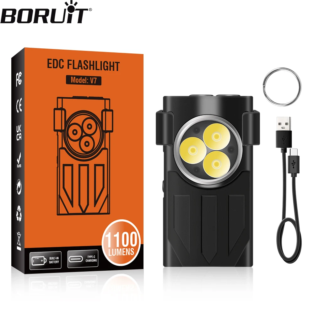 

BORUiT V7 Mini EDC Flashlight LED Portable Keychain Torch 10 Modes Type-C Rechargeable Work Light With Magnet UV Camping Lantern