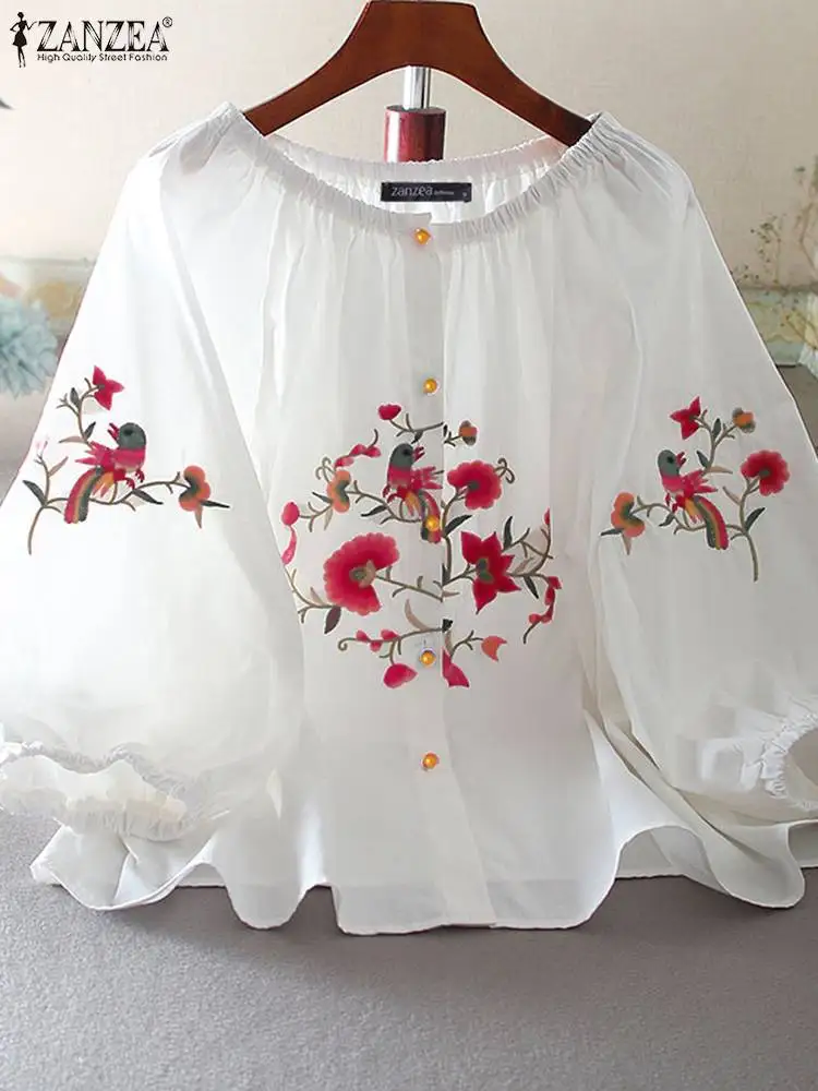 ZANZEA Винтажная Женская Осенняя Блузка С Круглым Вырезом И Рукавами 3/4 На Пуговицах
