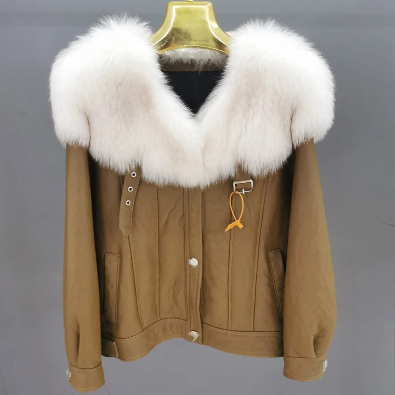 Winter Jackets For Women's Leather Coats With Real Big Fox Fur Collar Genuine Sheepskin Leather With Lamb Fur Outwear  jackets