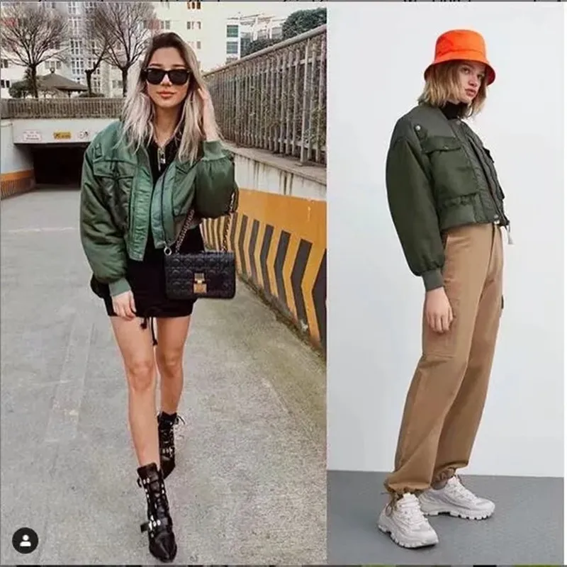 Winter Army Green Short Bomber Jacket Autumn Women Stand-up Collar Slim Zip Cardigan Cotton Padded Jacket Windbreaker Parkas