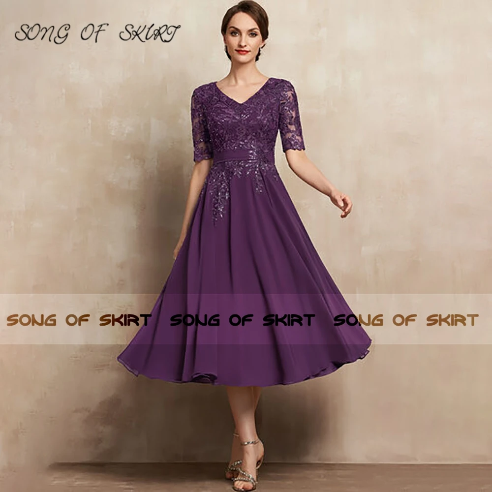 

Sparkle Dark Purple Mother Of Bride Dresses Tea Length V Neck Sequin Chiffon Wedding Guests Formal Gown Robe De Soirée Femme