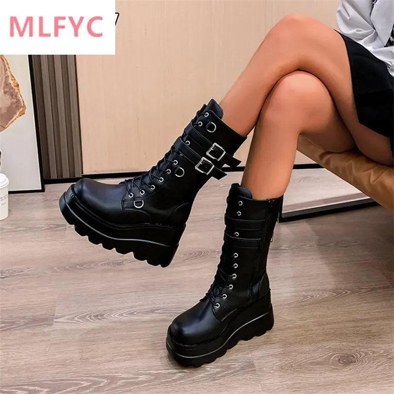

Thick-soled motorcycle boots women's 2022 autumn new buckle calf boots knight boots mid-tube boots platform shoes