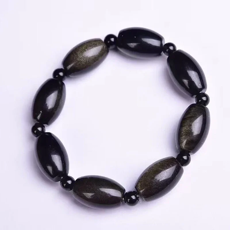 

Natural Jin Obsidian Stone Bracelets Rice Shape Bead Bracelet for Men Women Crystal Hand Row Stylish Concise Jewelry