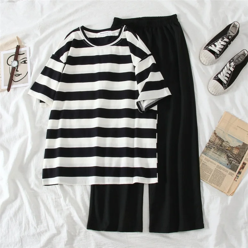 

Summer Women Harajuku Casual Korean Fashion Short Sleeve Top + Wide Leg Pants 2 Piece Set Suit Outfit Streetwear Tracksuit X277