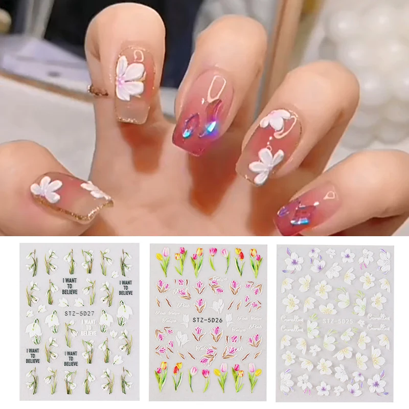 

5D Tulip White Camellia Sticker Embossed Orchid Leaves Flower Carving Elegant Gel Nail Polishing New Product Decoration