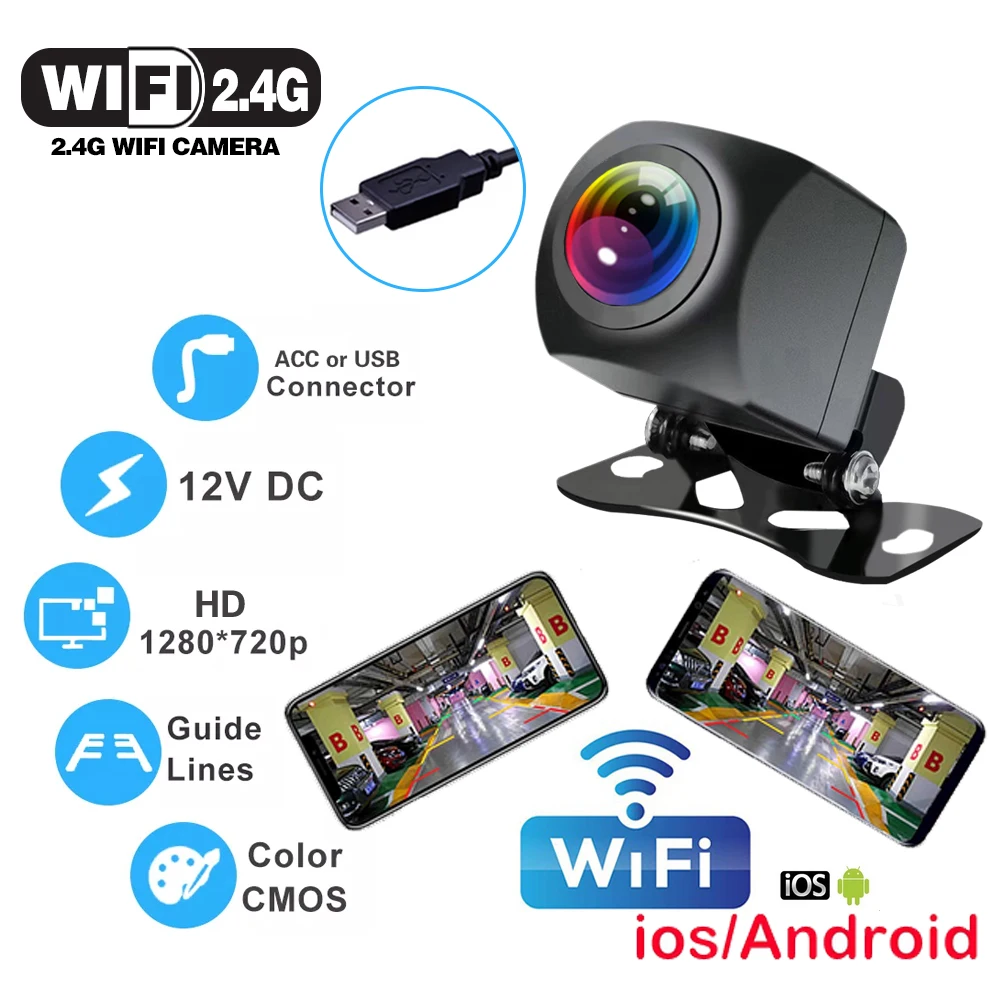 

12V 2.4G WIFI Vehicle Camera 720P HD Pixel Waterproof USB Rearview Parking 170 Car Camera With Guide Lines For IOS Android