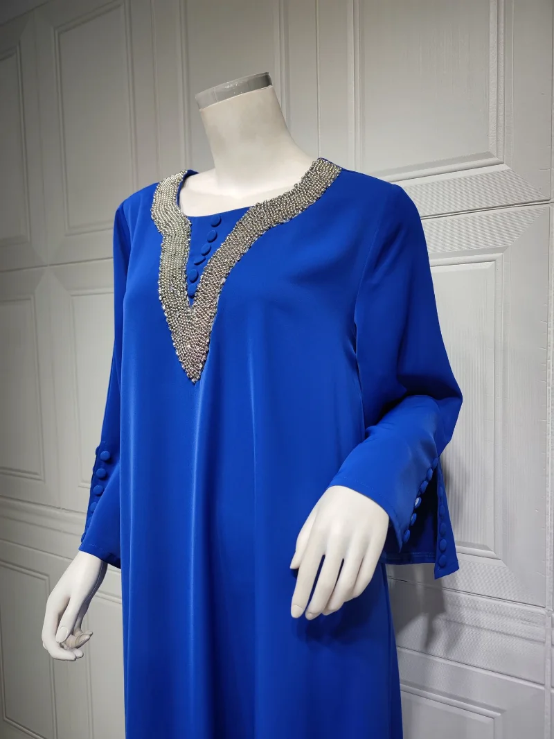 Islam Abaya Dress Summer Hot Drill Abayas Women's Blue Loose Fashion Dress, Suitable for European and American Women