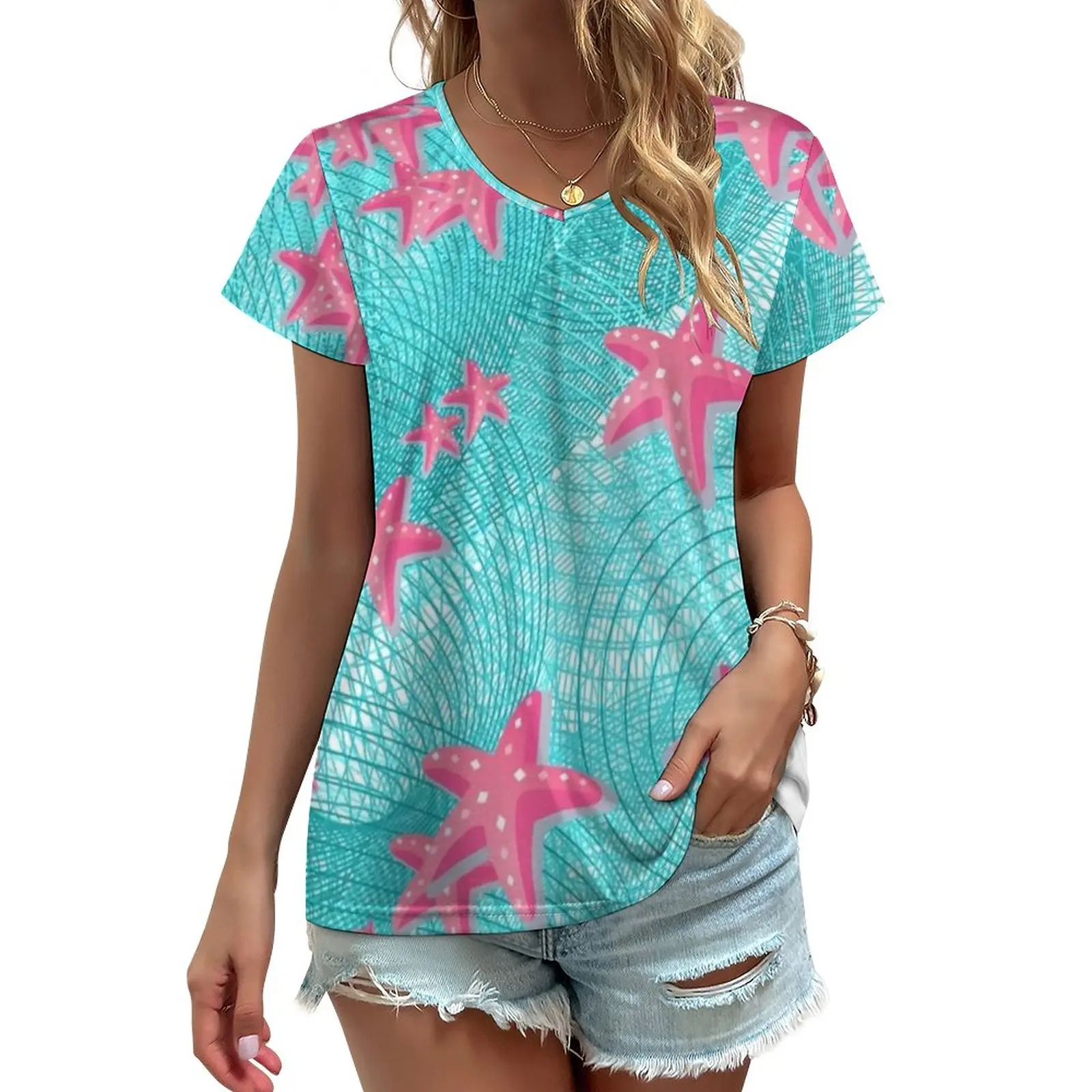

Cute Animal Print T-Shirts Pink Starfish V Neck Street Fashion Oversized T-Shirt Short Sleeve Womens Vintage Tshirt Summer Tees