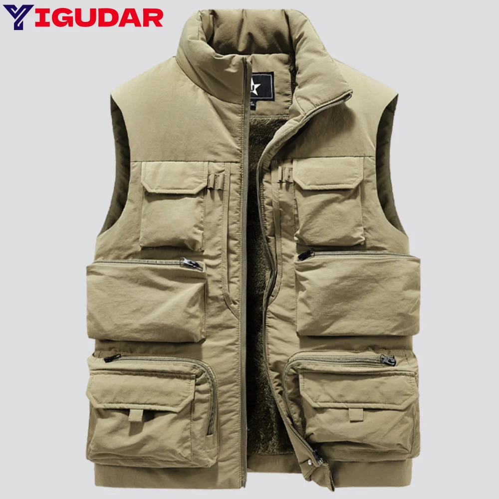 

2023 Winter Mens Warm Cargo Vests Fleece Lined Thick Thermal Workwear Waistcoat Outdoor Sleeveless Jacket ropa hombre valorant
