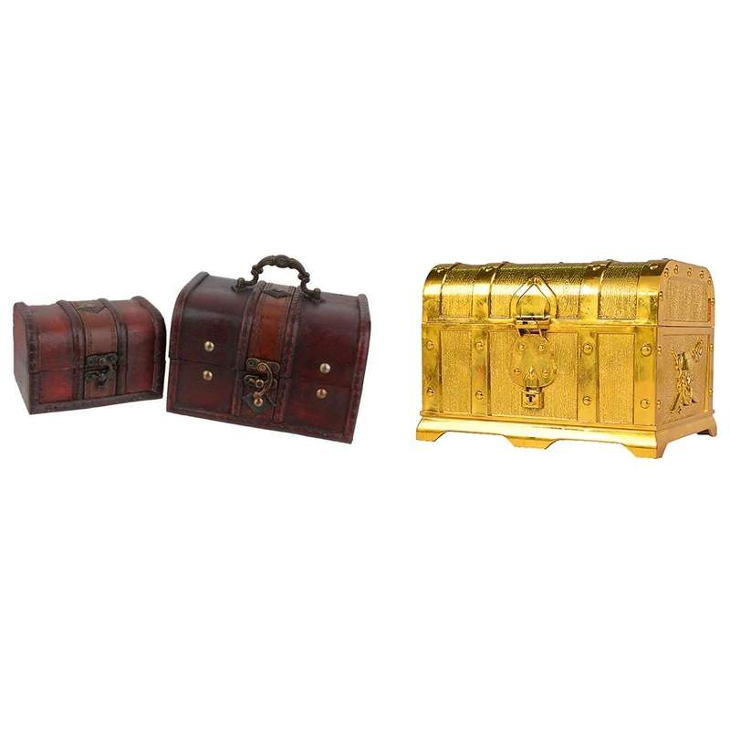 

2 шт., большой и маленький деревянный ящик для хранения и 1 шт. пират, сундук с сокровищами, декоративная коробка для Хранения Драгоценностей