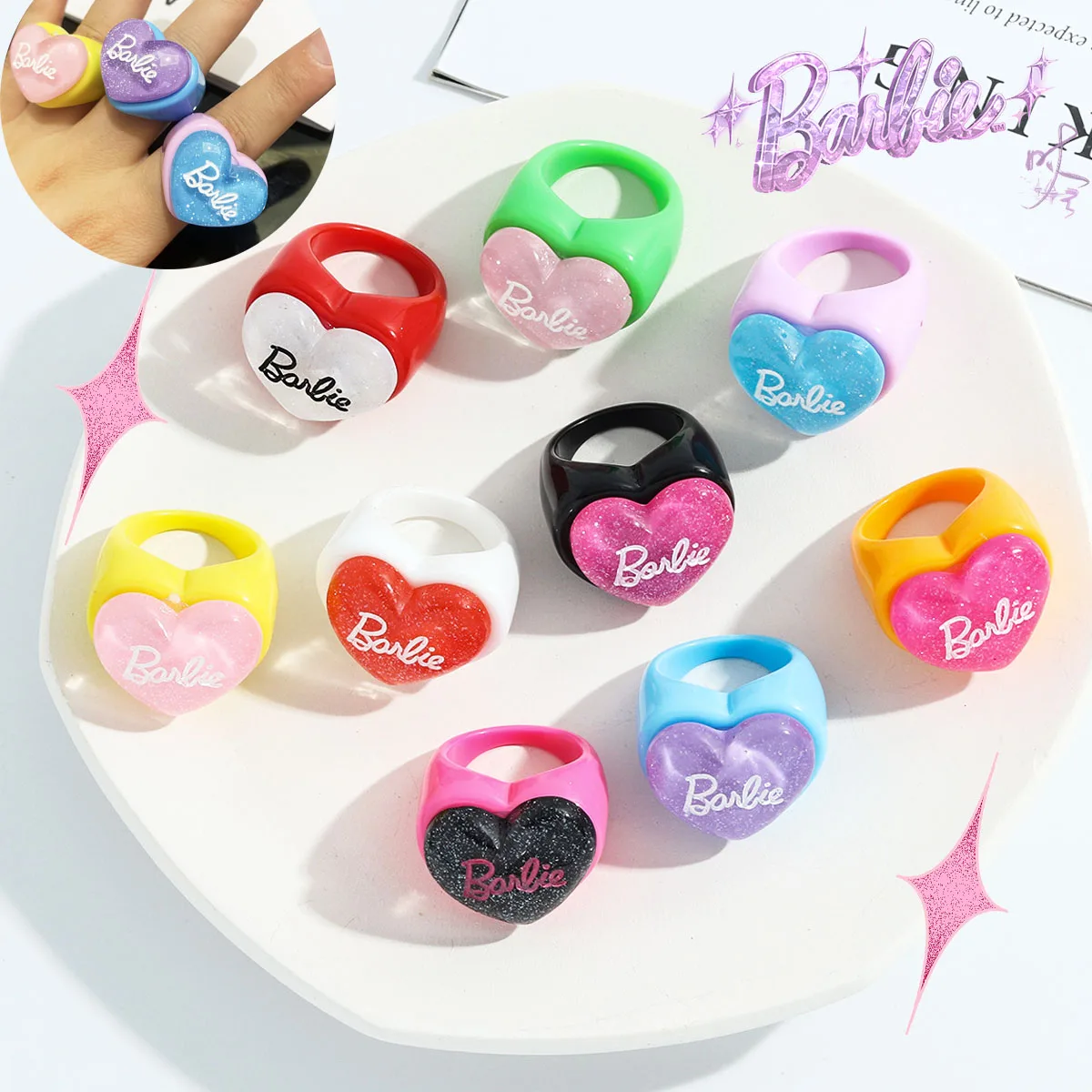 

Акриловое кольцо Барби, кавайное стильное украшение из фильма, забавное яркое сердце в стиле Y2K, милые детские подарки для девочек