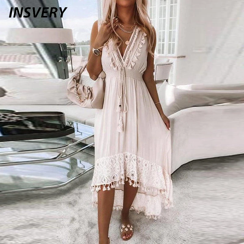 

Sexy Lace Splicing Party Dress Women Deep V Neck Sleevelss Beach Dress Boho Summer Casual Long Dresses For Women Solid Robe