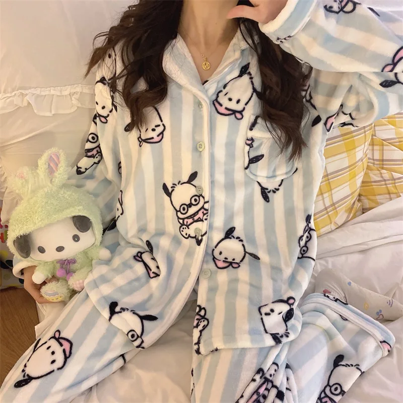 

Sanrioed полако Мультфильм осень зима толстый коралловый флисовый пижамный комплект симпатичный высокий лицевой кардиган домашняя одежда