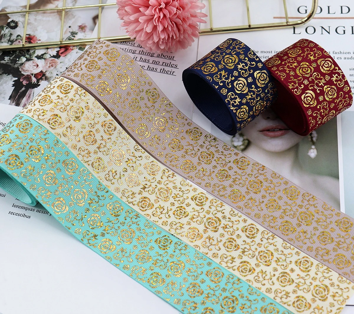 

5 Yards/Roll 38mm Solid Color Laser Flowers Printed Grosgrain Ribbon for Gift Wrap DIY Bow Cap Accessories Christmas Decoration