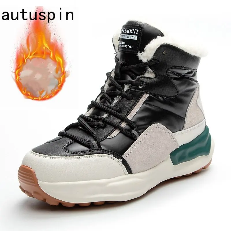 

Autuspin 6cm Down Cloth Plush Women Shoes Fashion Patchwork Genuine Leather Lace Up Warm Platform Sneakers Ladies Size 35-40