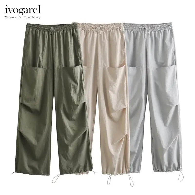 

Ivogarel Nylon Trousers with Pockets Women's Chic Mid-rise Pants with Elastic Waistband Pleated Knee Details Adjustable Hems