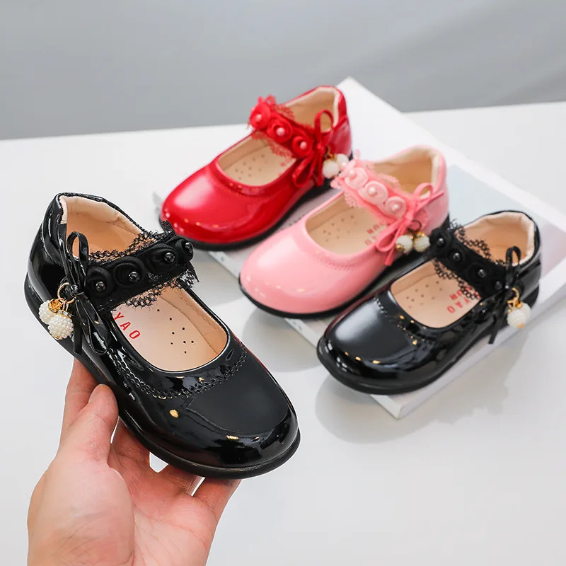 

Girls Princess Red Mary Janes Shoes2022 Spring Autumn Girls Britain Style Lace Pearls Dress Shallow Covered Toes Shoes