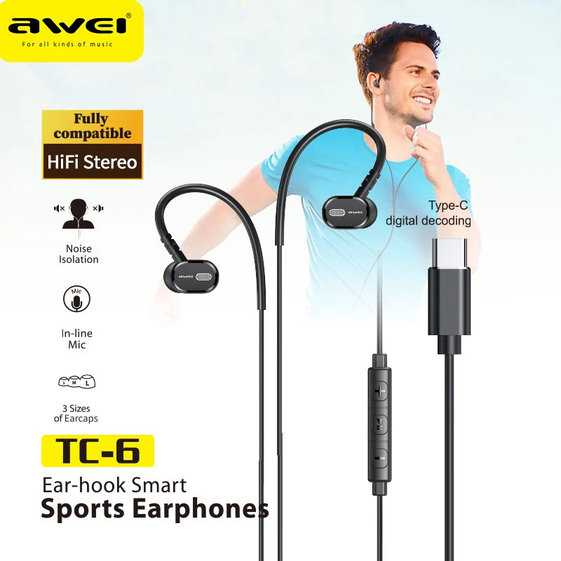 

Awei TC-6 Headphone Type-C Wired USB C Noise Canceling Headphones Black Color Headset for All Sports Headphones Wholesale