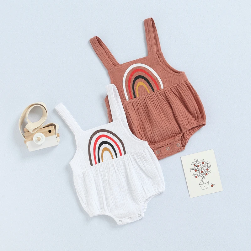 

Повседневный комбинезон для новорожденных девочек, Свободный комбинезон из хлопка и льна без рукавов с квадратным вырезом и радужным принт...