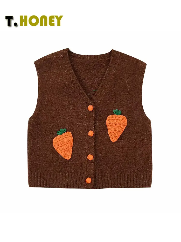 

TELLHONEY Women Fashion V-Neck Carrot Print Knitted Single Breasted Waistcoat Female Casual Sleeveless Slim Sweater Pullover Top