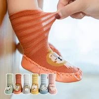 2022 cartoon baby toddler shoes and socks thin cotton breathable infant children floor socks mesh mid tube leather bottom socks