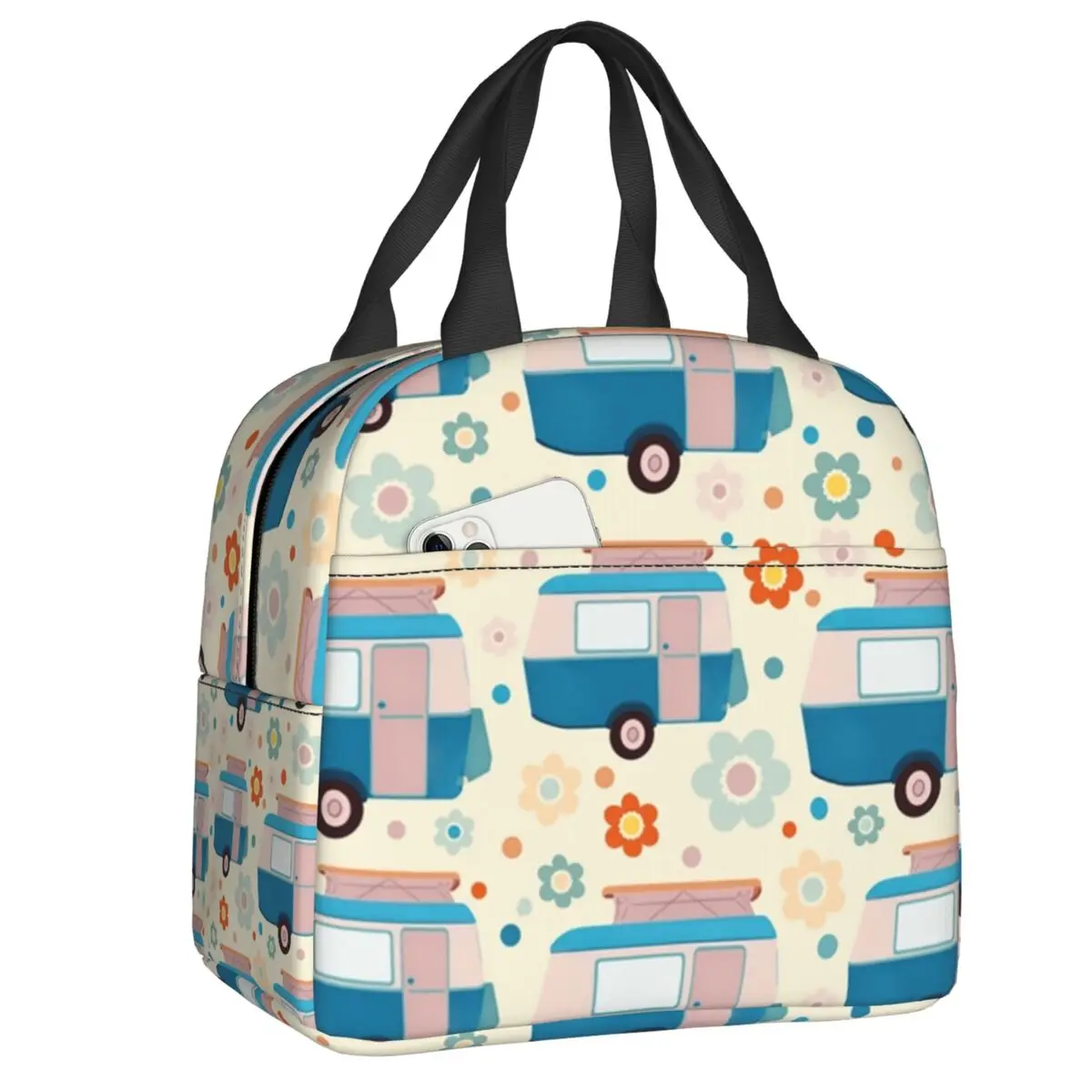 

Яркий Термоизолированный Ланч-бокс в горошек с винтажным рисунком фургона, Женский счастливый кемпер, многоразовый Ланч-бокс