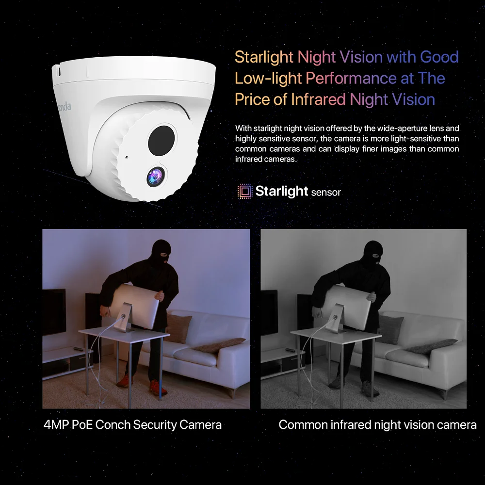 Tenda 4MP PoE Conch Security Camera IC7-PCS Night vision HD Full-Color Standard power H.265 + программирование протокол ONVIF
