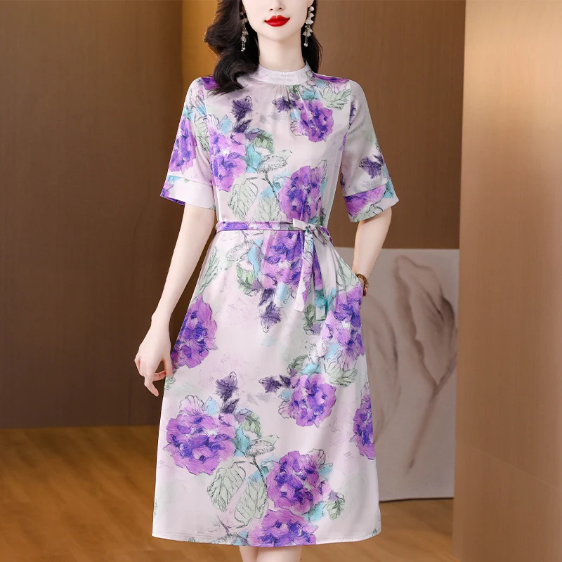 

Женское длинное шелковое платье, Повседневная шелковая юбка с коротким рукавом и чернильным принтом на талии, осень 2023