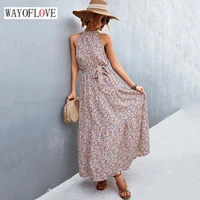 wayoflove woman summer holiday floral print long dress party beach casual folds vestidos sexy neck mounted bandage dress elegant