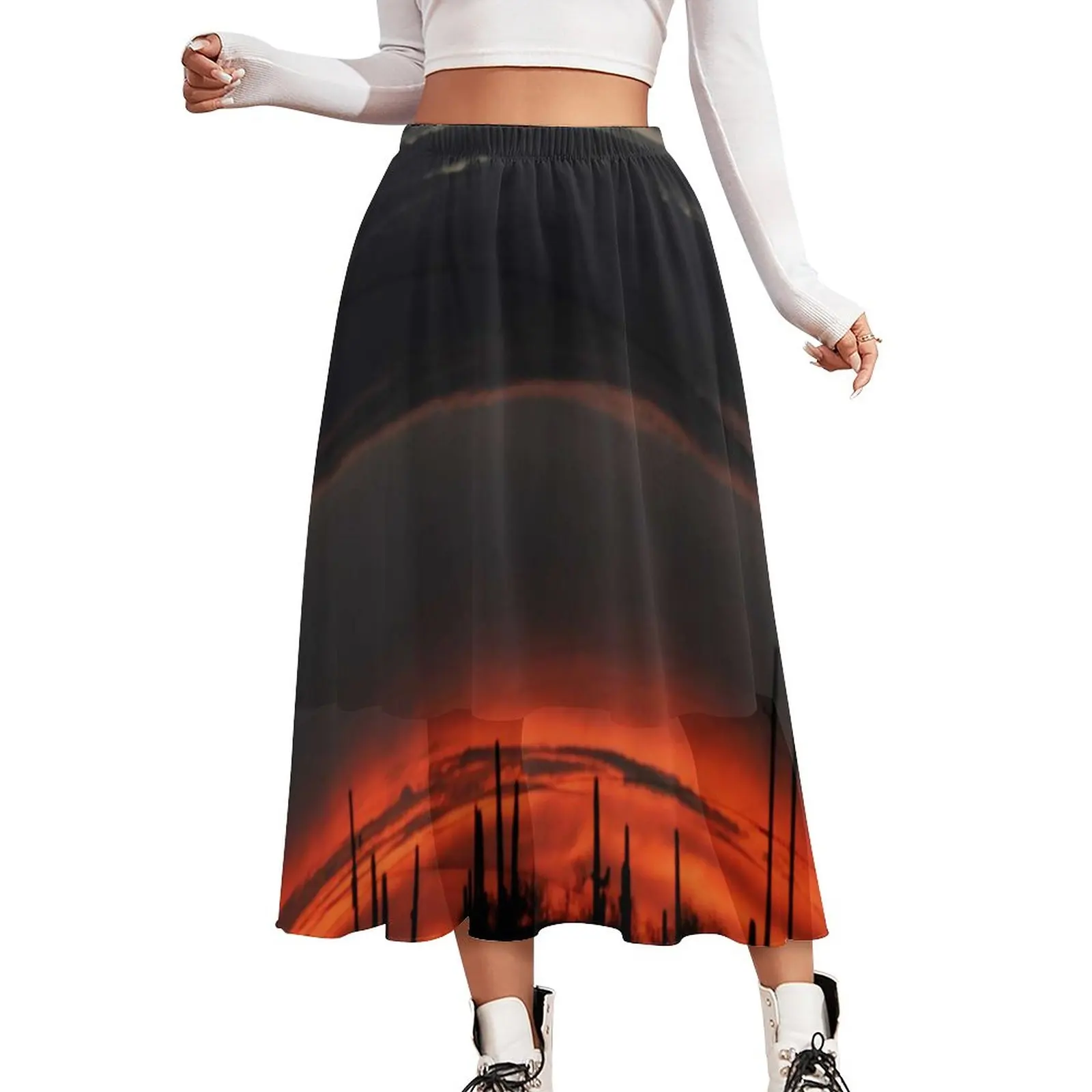 

Desert Landscape Skirt Dark Clouds Cactus Trendy Long Skirts Summer Harajuku Elastic Waist Chiffon Print Big Size A-line Skirt