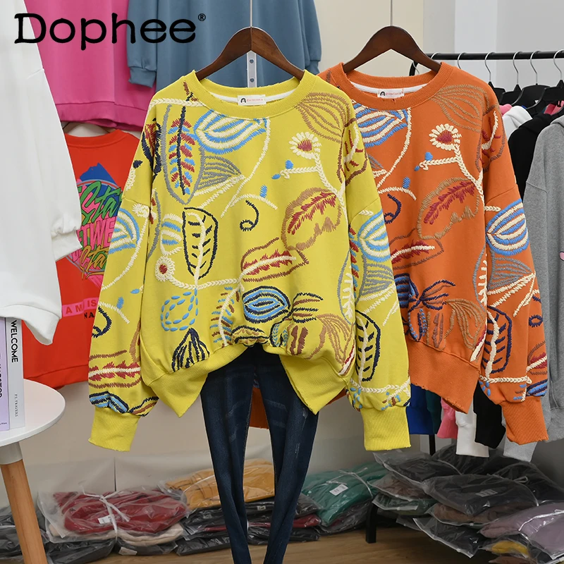 

High Street Loose Oversized Hoodies Women's Street Retro Embroidered Printed Thin Round Neck Long Sleeve Sweatshirt Tops Coat
