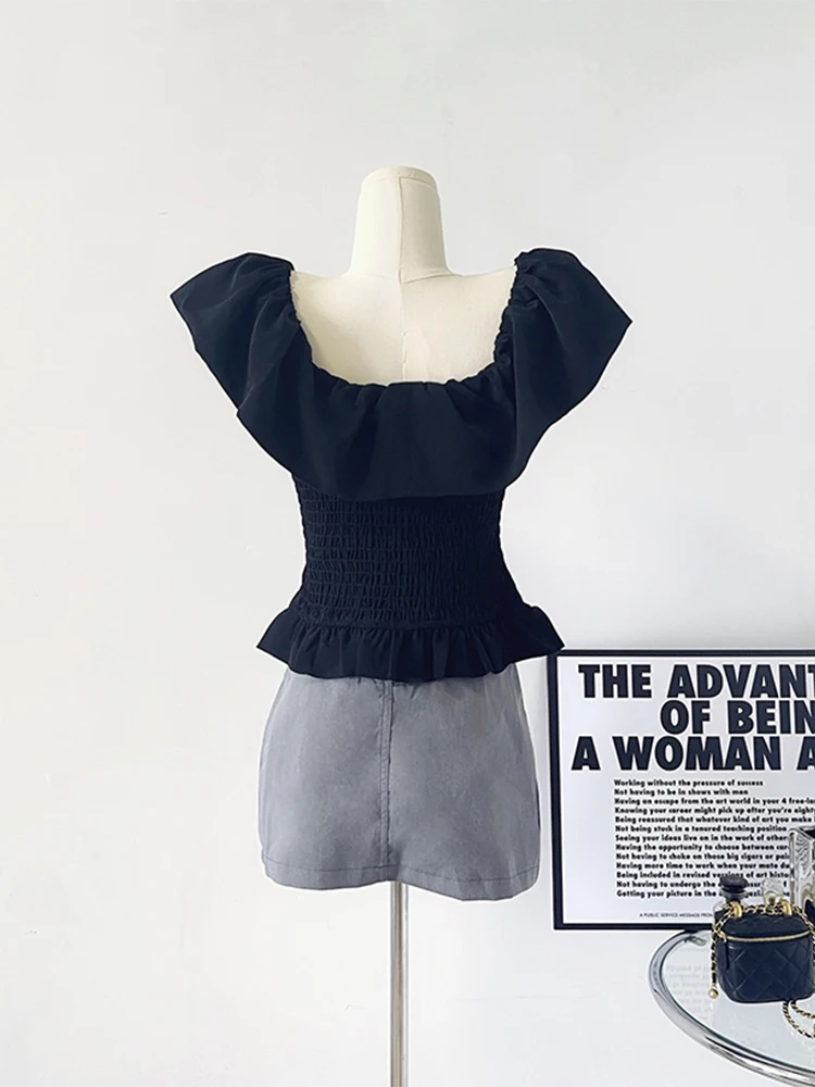 Женская шифоновая блузка с оборками винтажная облегающая во французском стиле