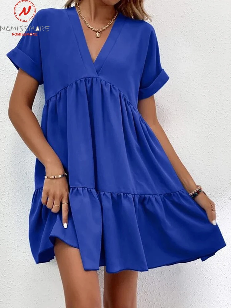 

Fashion Women Summer Solid Color A-Line Dress Patchwork Design V-Neck Short Sleeve Loose Waist Casual Mini Dress