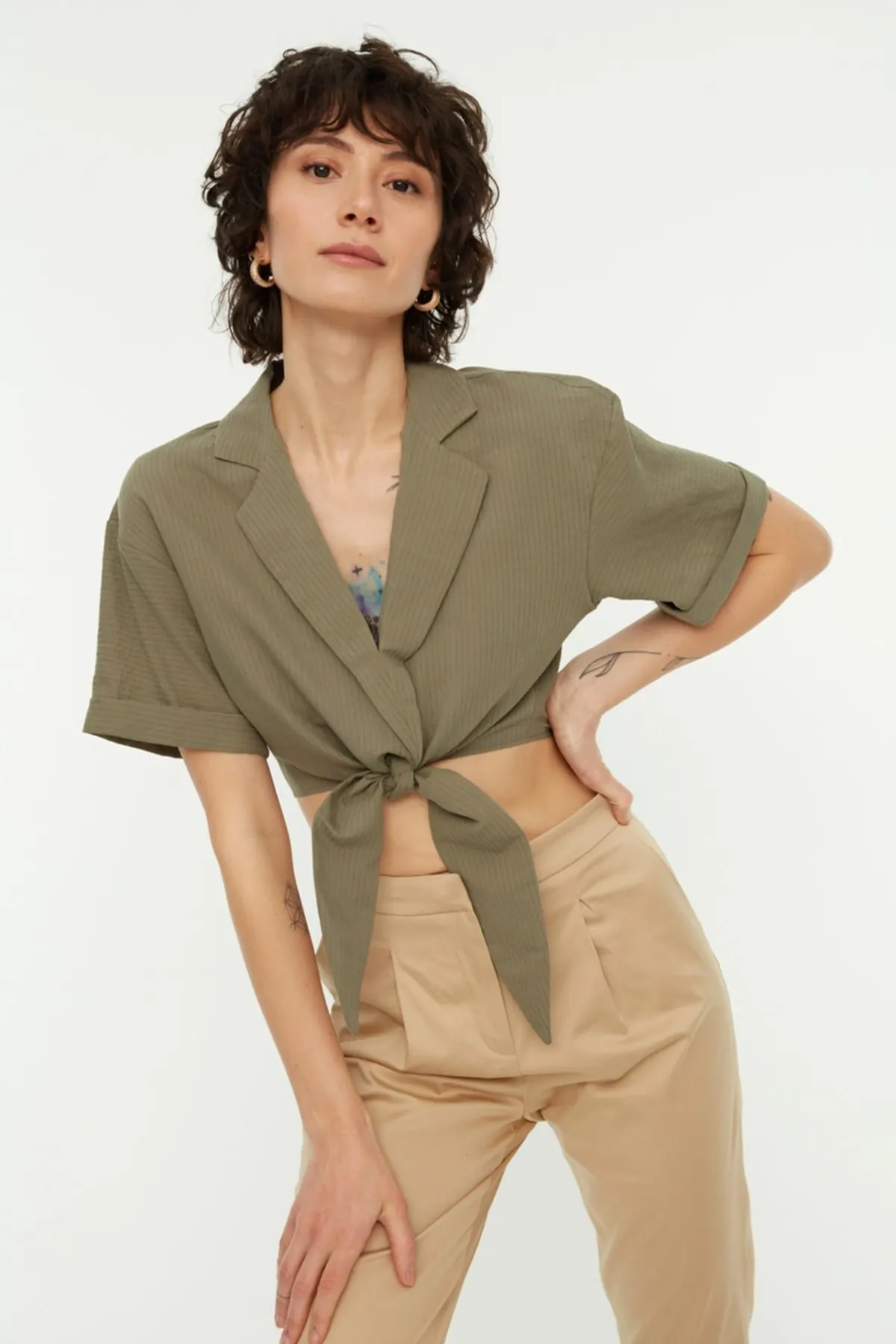 

Women's Summer Crop Top Blouse V-Neck Tie Waist Short Sleeve Crop Shirt hot girl top bottoming shirt