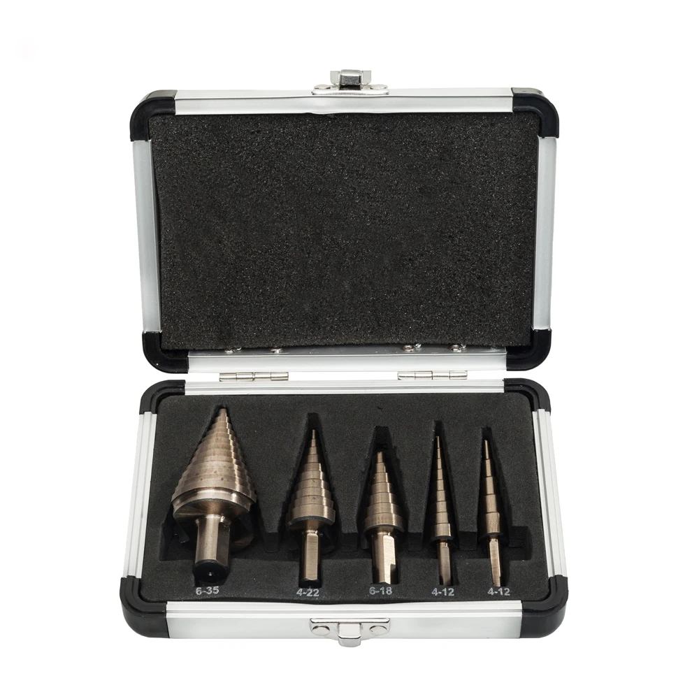 

KUNJUAN ALLSOME 5pcs Metric/Inch Hss Cobalt Step Drill Bit Set Multiple Hole 50 Sizes with Aluminum Case