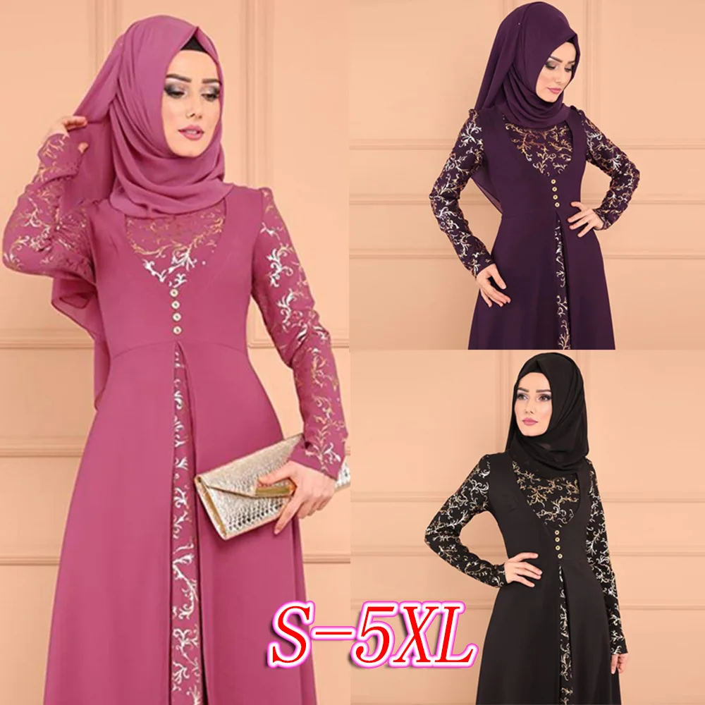 

RichkedaStore Plus Size 5XL Dubai Long Sleeve Dress Women Muslim Fake Two Piece Party Dresses Ethnic Islamic Costume Abaya Large