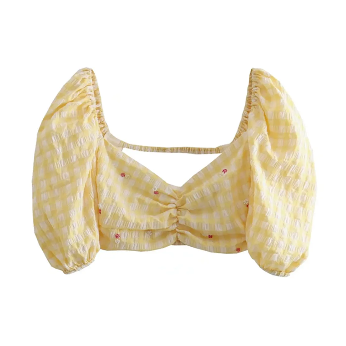 

Elmsk 2022, летняя блузка в стиле ретро, желтая клетчатая женская блузка с бисером и цветами