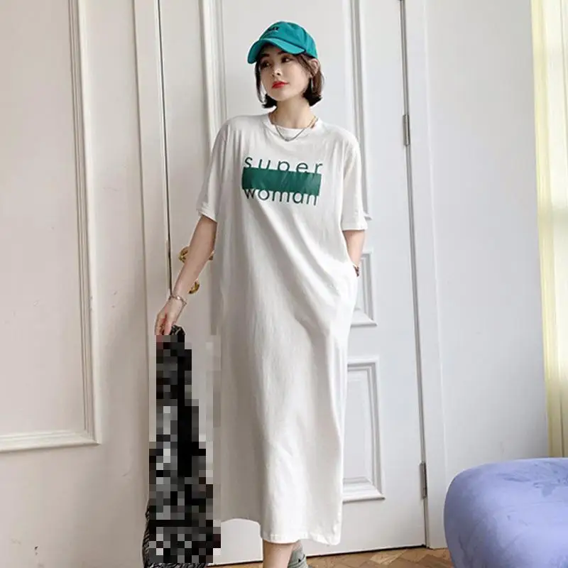 

Женское свободное платье-футболка, повседневное однотонное универсальное тонкое платье-футболка в Корейском стиле, лето 2022