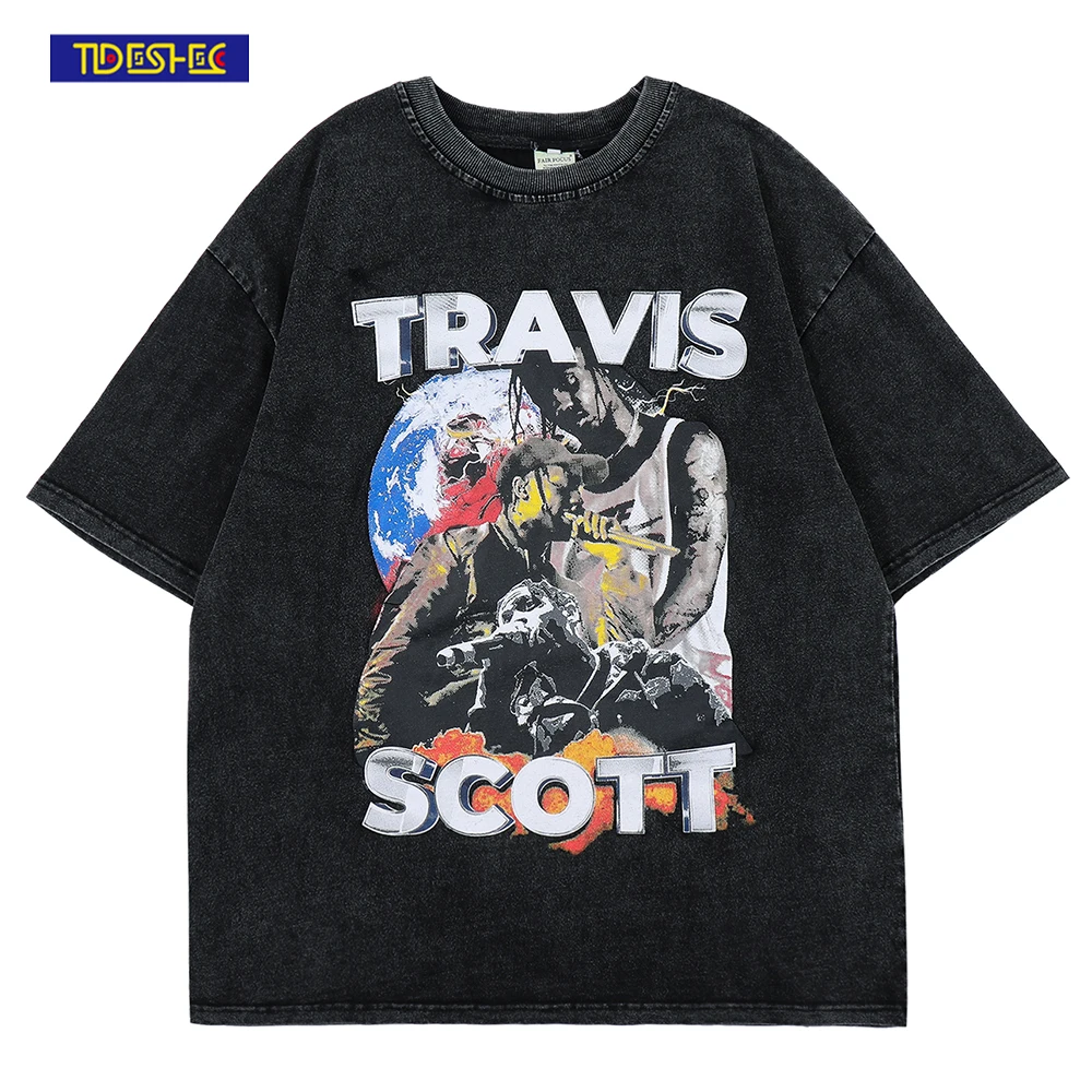 

2022 Summer Men Washed Vintage T-Shirt Hip Hop Streetwear Rapper Graphic Print T Shirt Harajuku Cotton Loose Tshirt Short Sleeve