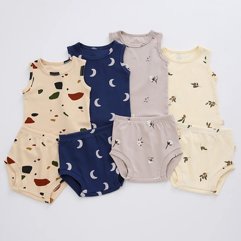 

6-36M Baby Clothing Set Summer Fashion Baby Boy Girl Clothes Cotton Printed Sleeveless Top+Short 2-Piece Suit Newborn Clothing