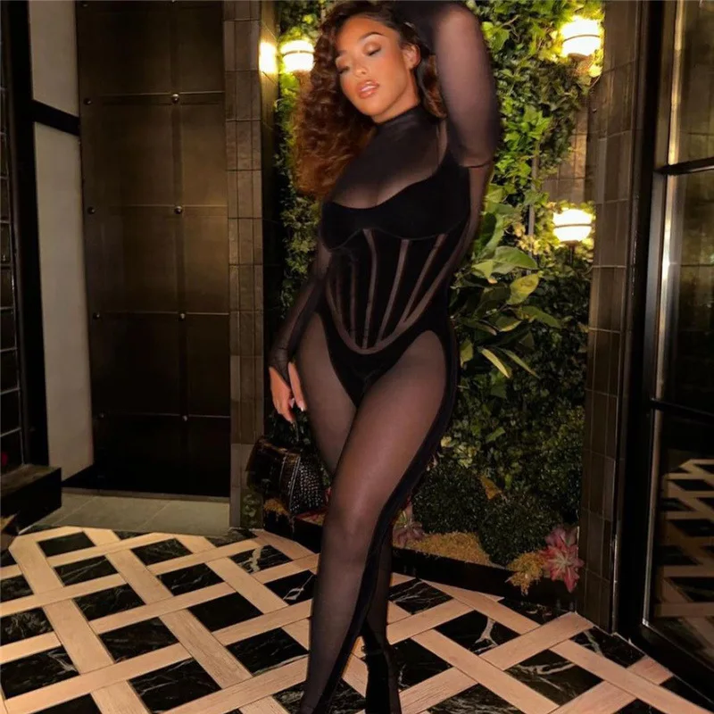 

Женский сетчатый комбинезон в стиле пэчворк с длинным рукавом и ложным воротником