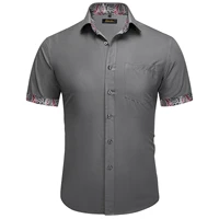 summer spring man luxury shirt silk short sleeve button up shirts for men male party shirt gray patchwork collar solid t shirts