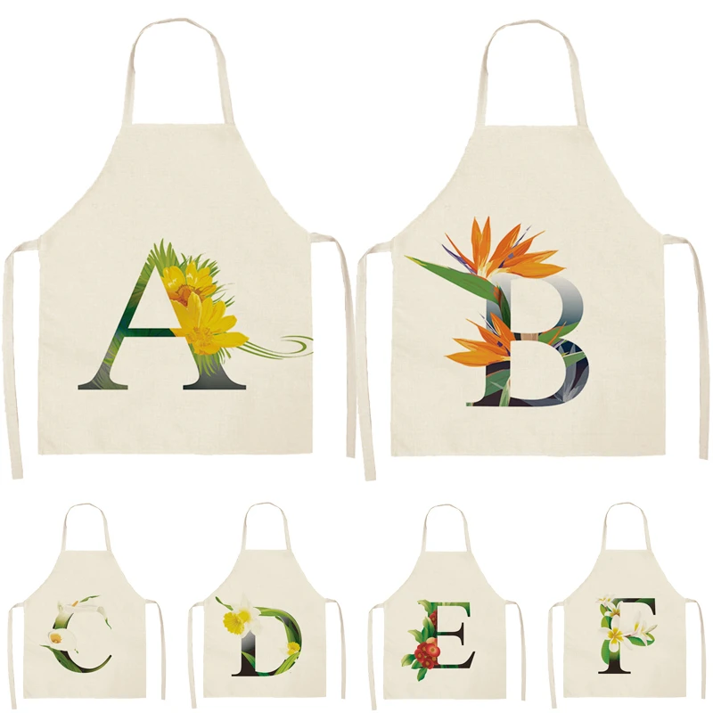 

Flower Letter Alphabet Pattern Kitchen Apron For Woman Sleeveless Cotton Linen Aprons Cooking Home Cleaning Tools 53*65cm WQ0044