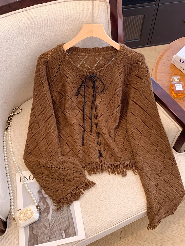 Женский абрикосовый кардиган свитер Harajuku Y2k вязаный кашемировый в клетку с